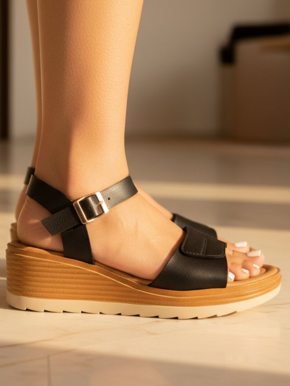 NWT Kayleen Black Faux Leather Comfort Wedge Sandals - Picture 5 of 8